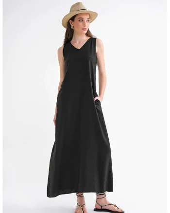 Rochie Maxi,  fara maneci, decolteu in V, negru, textil
