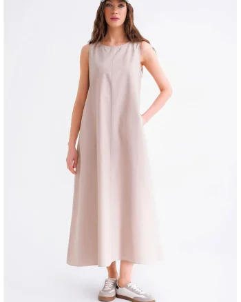 Rochie Maxi,  Relaxed Fit, cu Buzunare, Stone Natural, Textil