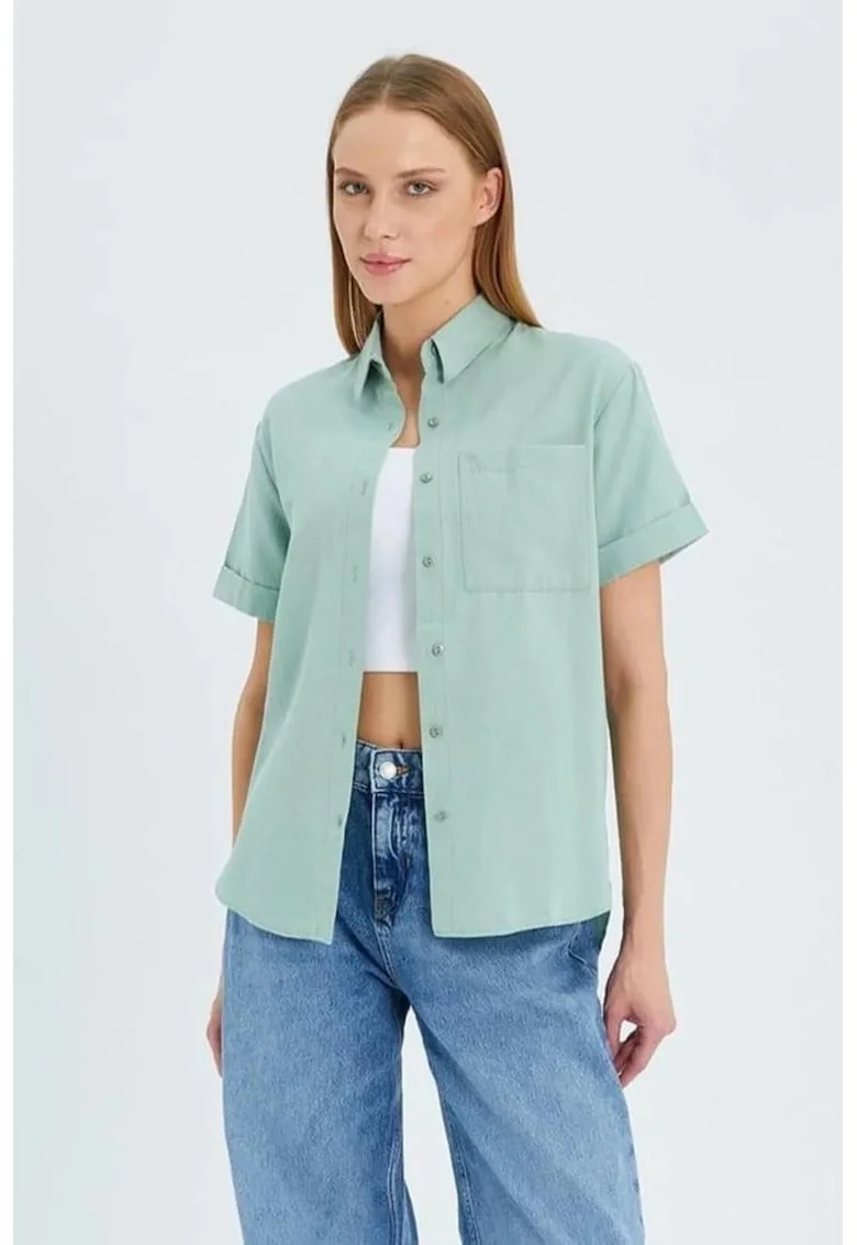 Camasa dama,  camasa Poplin Slim Fit cu buzunar, verde salvie, textil