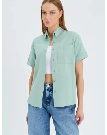 Camasa dama,  camasa Poplin Slim Fit cu buzunar, verde salvie, textil