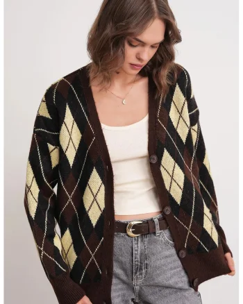 Cardigan dama,  supradimensionat, maro cafeniu, tricot, decolteu in v,