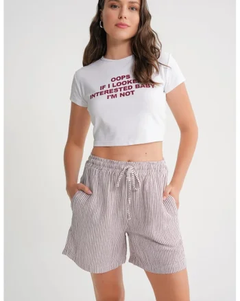 Pantaloni scurti dama,  cu talie inalta, picior larg, rosu/alb, textil