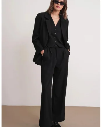 Pantaloni dama,  Palazzo plisati, buzunare, negru, textil