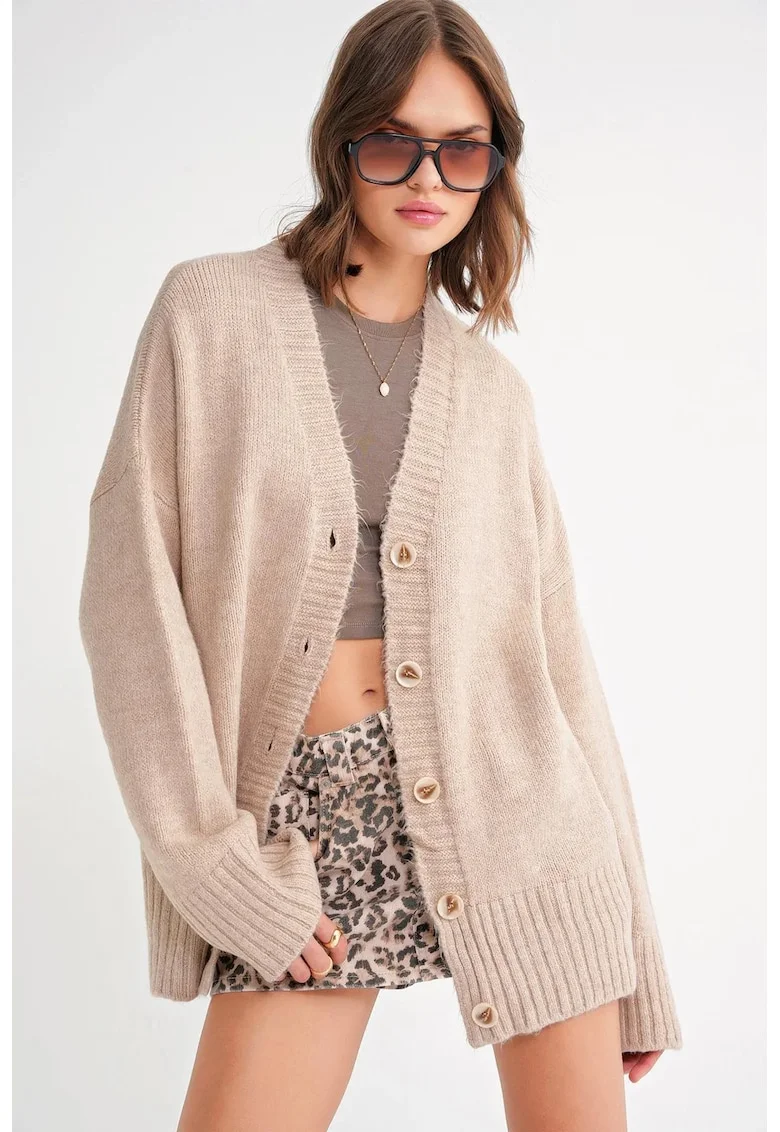 Cardigan,  tricotat, guler in V, cu nasturi, bej natural,