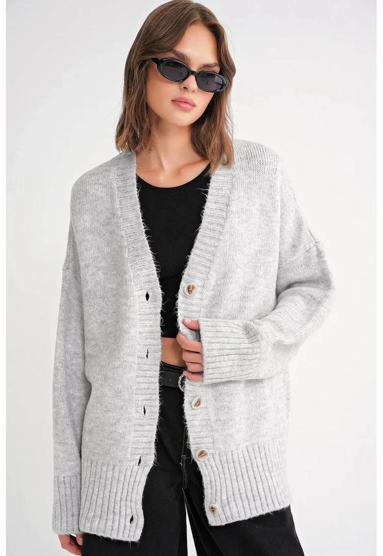 Cardigan tricotat,  nervuri, decolteu in V, gri, tricot,