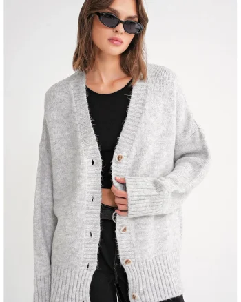 Cardigan tricotat,  nervuri, decolteu in V, gri, tricot,