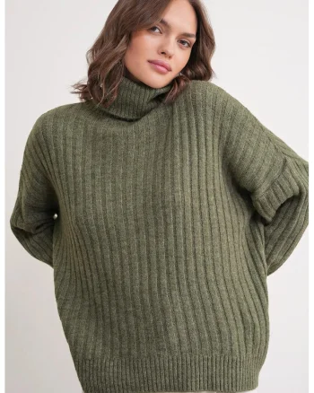 Pulover dama,  oversize, guler inalt, kaki, tricot,
