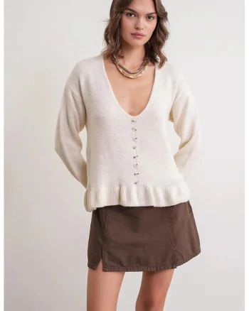 Pulover dama,  Decolteu in V, Crem, Tricot,