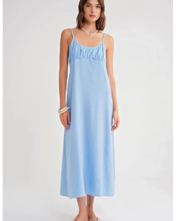 Rochie Maxi,  cu Bretele, Detaliu Drapat, Albastru, Textil