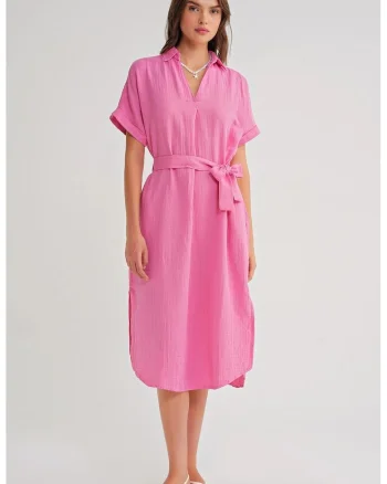 Rochie Midi,  cu Maneca Scurta si Cordon, Roz Pudrat, Textil