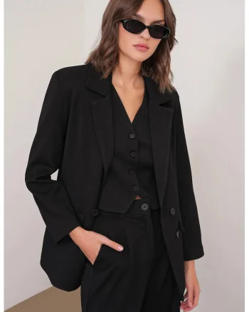 Sacou dama,  cu maneci lungi, buzunare, negru, textil