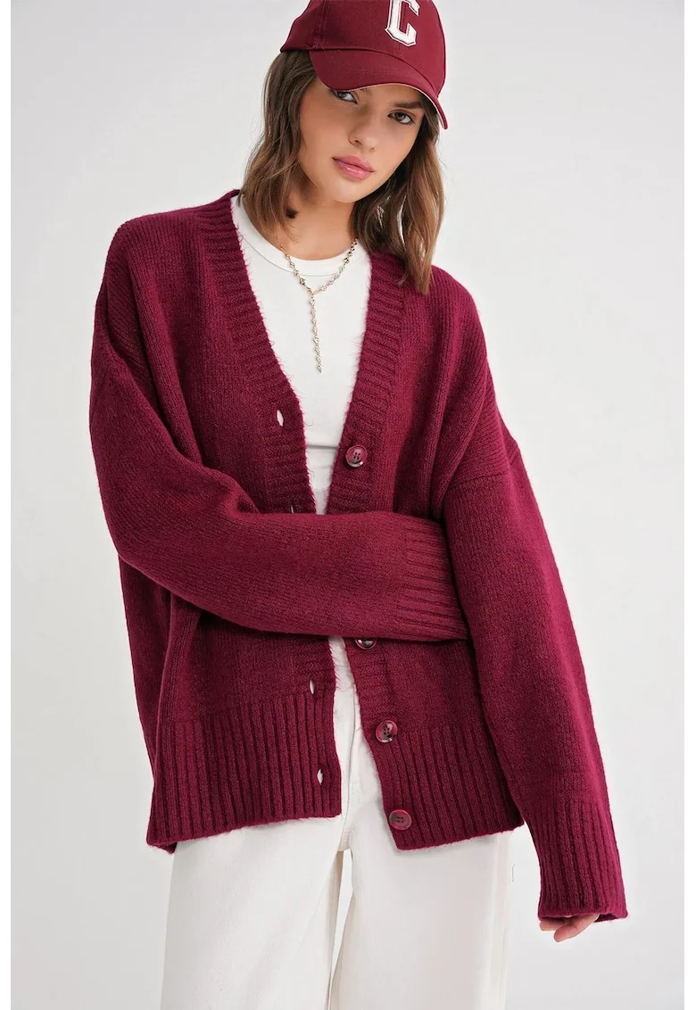 Cardigan,  tricotat, decolteu in V, visiniu,