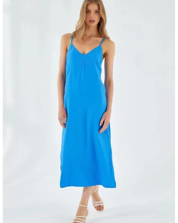 Rochie Midi,  Albastru Cobalt, Decolteu in V, Slit, Textil