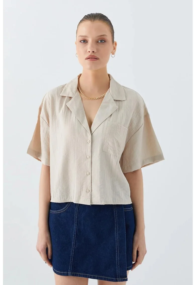 Camasa dama,  crop cu nasturi si buzunar, culoare Stone Natural, Loose Fit