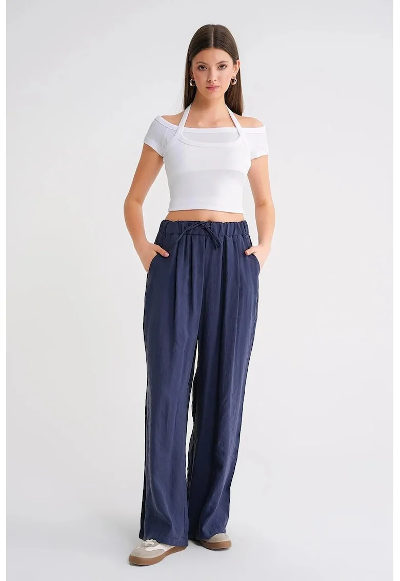 Pantaloni dama,  Palazzo plisati, talie inalta, Albastru marin, Modal
