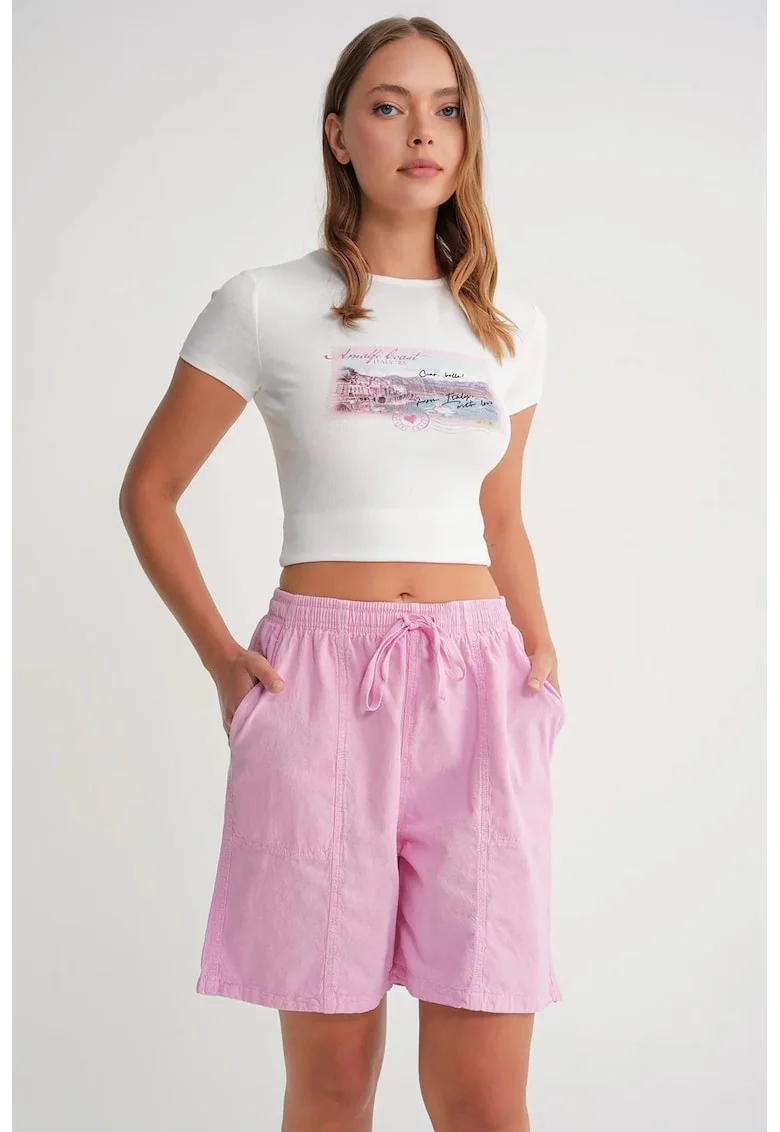 Pantaloni scurti dama,  mini, talie inalta, roz pudrat, bumbac