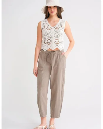 Pantaloni dama,  jogger din bumbac, talie cu snur, bej,