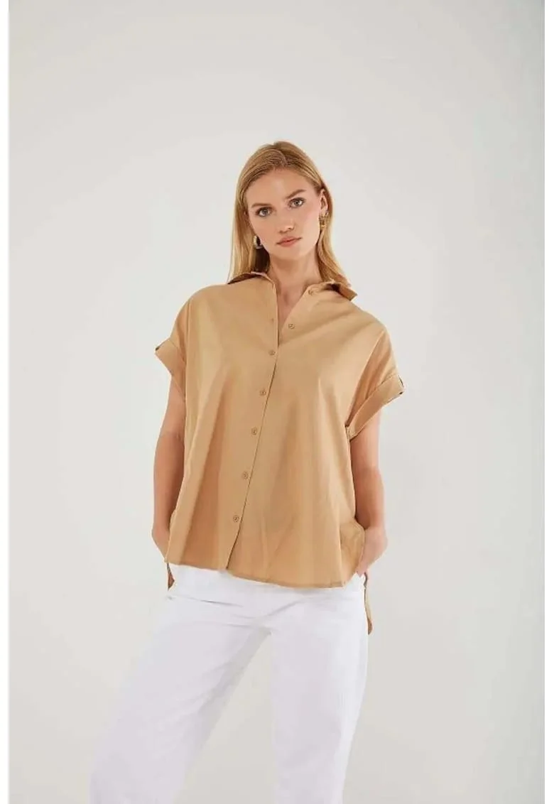 Camasa dama,  camasa cu maneca scurta supradimensionata, bej natural, textil