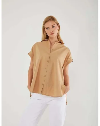 Camasa dama,  camasa cu maneca scurta supradimensionata, bej natural, textil
