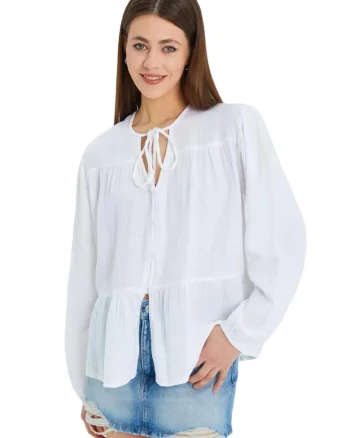 Camasi dama,  bluza cu maneca lunga, croiala lejera, alb, textil
