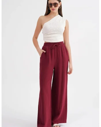 Pantaloni dama,  talie inalta, textil, rosu burgundy, muselina texturata