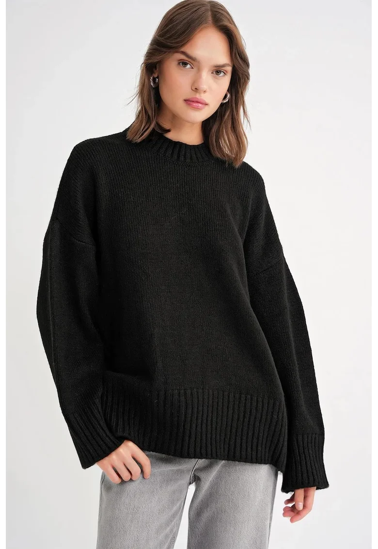 Pulover dama,  tricotat, supradimensionat, guler rotund, negru, textil,