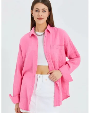 Camasa dama,  supradimensionata, roz aprins, textil