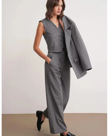 Pantaloni dama,  Palazzo plisati, cu buzunare, gri inchis, textil