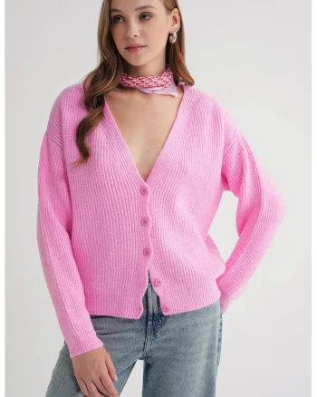 Cardigan,  cu nasturi, decolteu in V, roz pudrat, tricot,