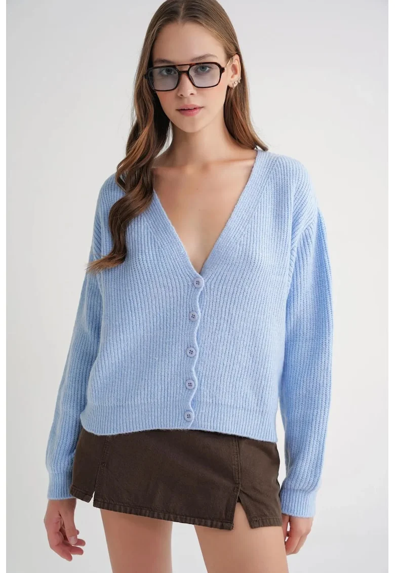 Cardigan dama,  cu nasturi, decolteu in V, albastru deschis, tricot,