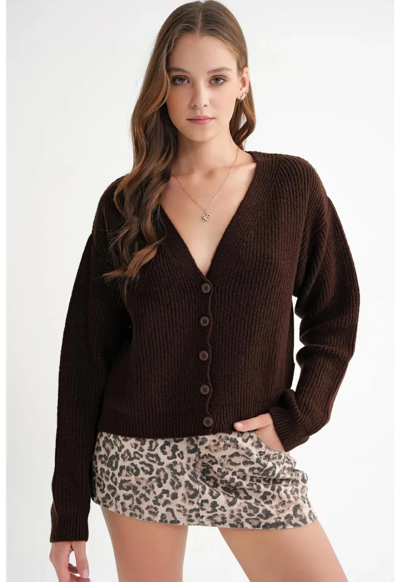 Cardigan dama,  cu nasturi, decolteu in V, tricot, maro inchis,