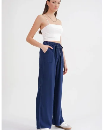 Pantaloni dama,  talie elastica, bleumarin, textil