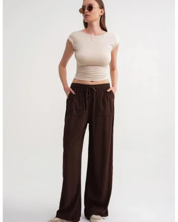 Pantaloni dama,  talie elastica, picior drept, maro cafea, textil