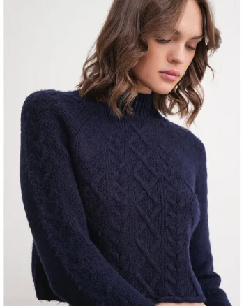 Pulover dama,  Textil, Albastru marin, Guler inalt,