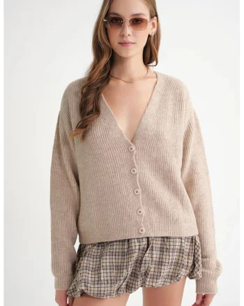 Cardigan dama,  cu nasturi, decolteu in V, bej natural, tricot,