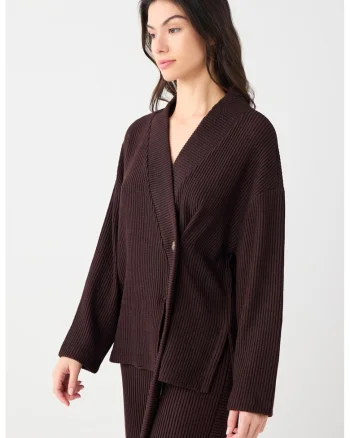 Cardigan striat cu decolteu in V, Maro inchis