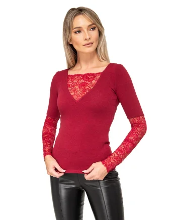 Bluza din amestec de lana cu garnituri din dantela Hera, Visiniu