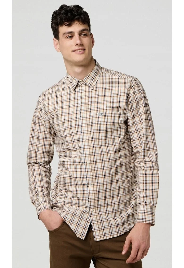 Camasa barbati  1 Pocket Poplin Regular Fit, carouri alb, maro, bleumarin, bej, bumbac