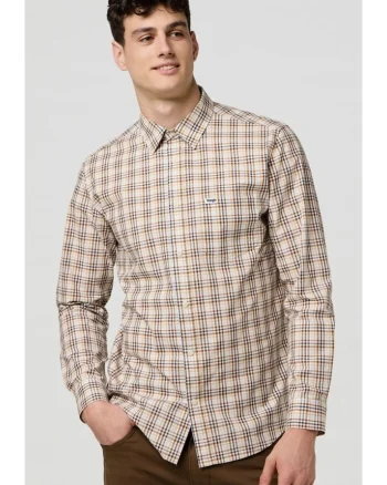 Camasa barbati  1 Pocket Poplin Regular Fit, carouri alb, maro, bleumarin, bej, bumbac