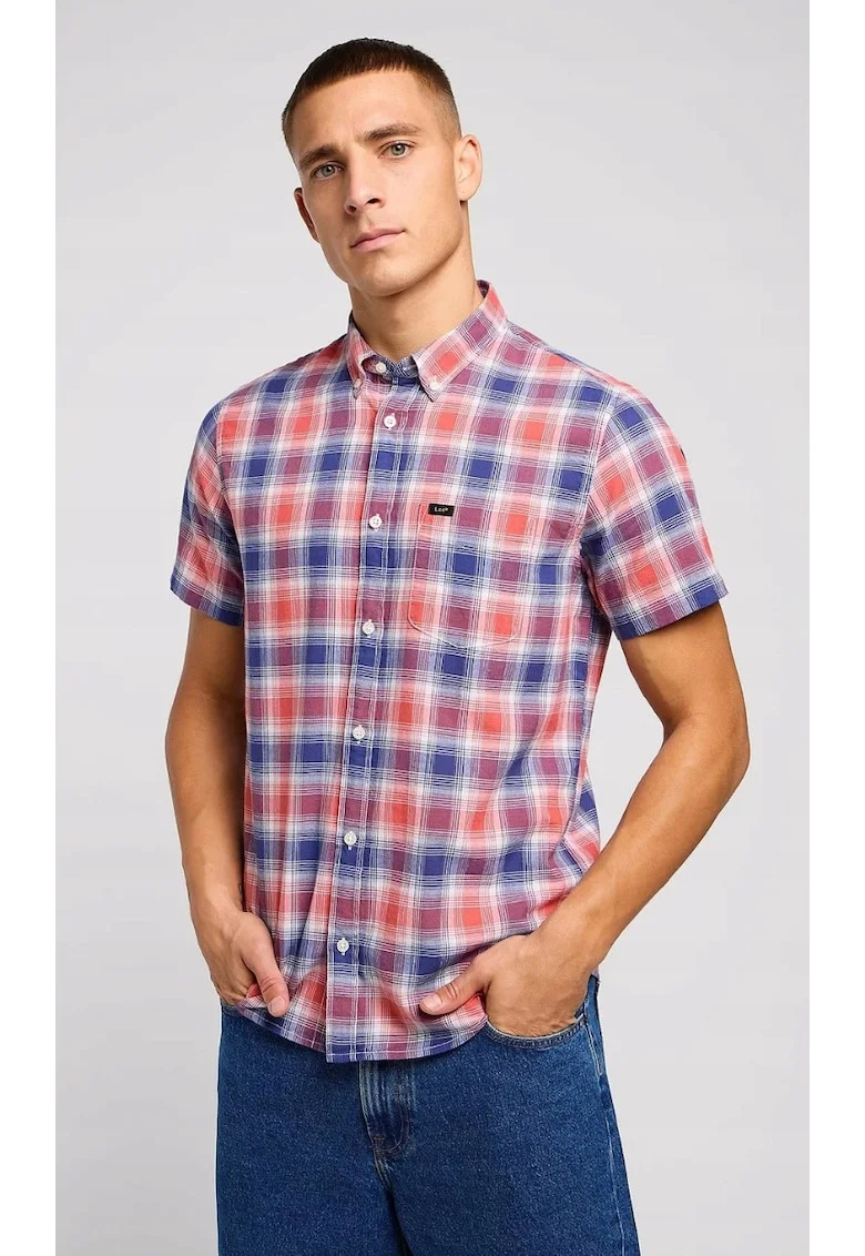 Camasa barbati,  Poppy, regular fit, bej roscat si albastru, bumbac