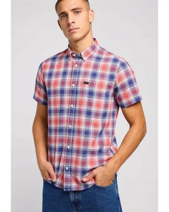 Camasa barbati,  Poppy, regular fit, bej roscat si albastru, bumbac
