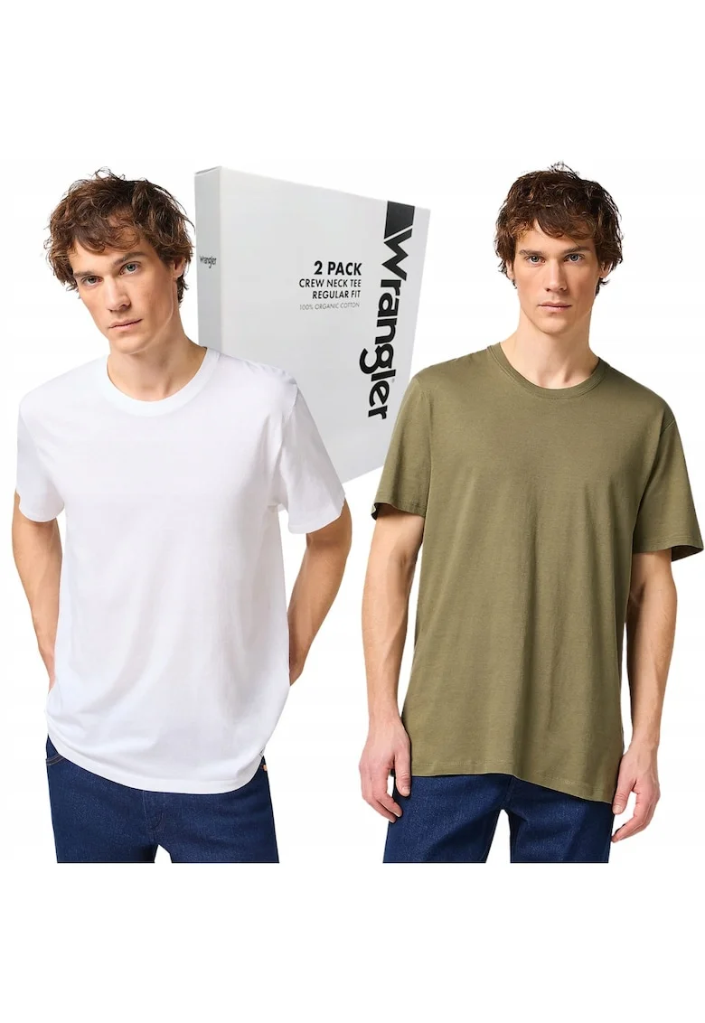 Set 2 tricouri barbati,  croiala regular fit, bumbac organic, alb/verde masliniu