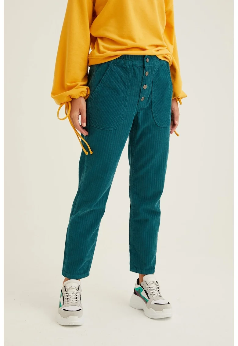 Pantaloni crop din reiat cu nasturi, Albastru petrol