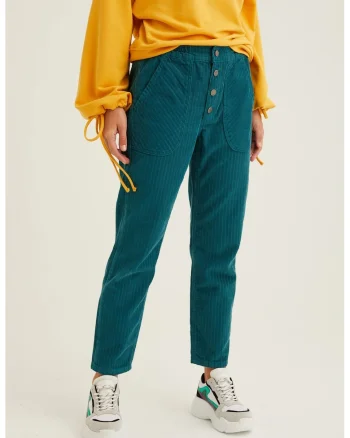 Pantaloni crop din reiat cu nasturi, Albastru petrol