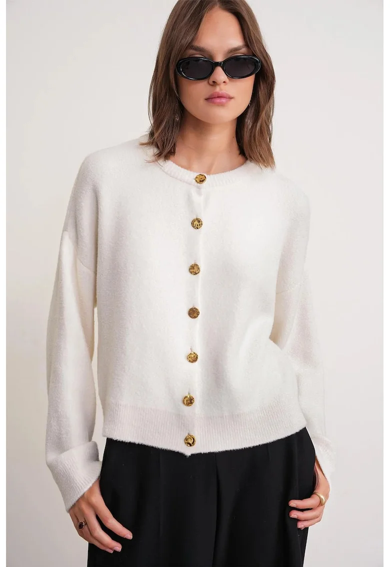 Cardigan tricotat,  alb natural, nasturi,