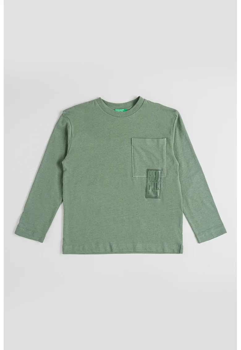 Bluza din bumbac cu decolteu rotund si buzunar pe piept, Verde