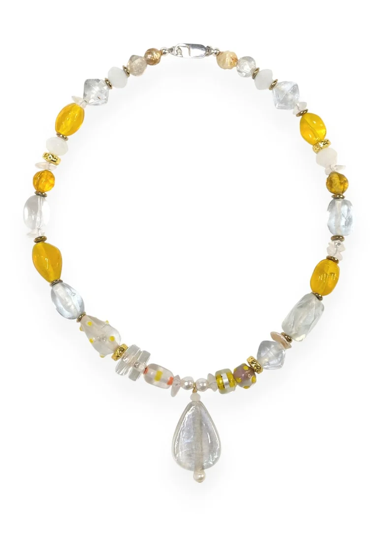 Colier  unicat, margele de India, hematite aurii, perle de cultura, galben