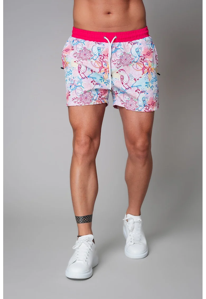 Pantaloni scurti de baie cu imprimeu si snur de ajustare in talie, Coral/Albastru lavanda/Alb optic