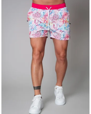 Pantaloni scurti de baie cu imprimeu si snur de ajustare in talie, Coral/Albastru lavanda/Alb optic