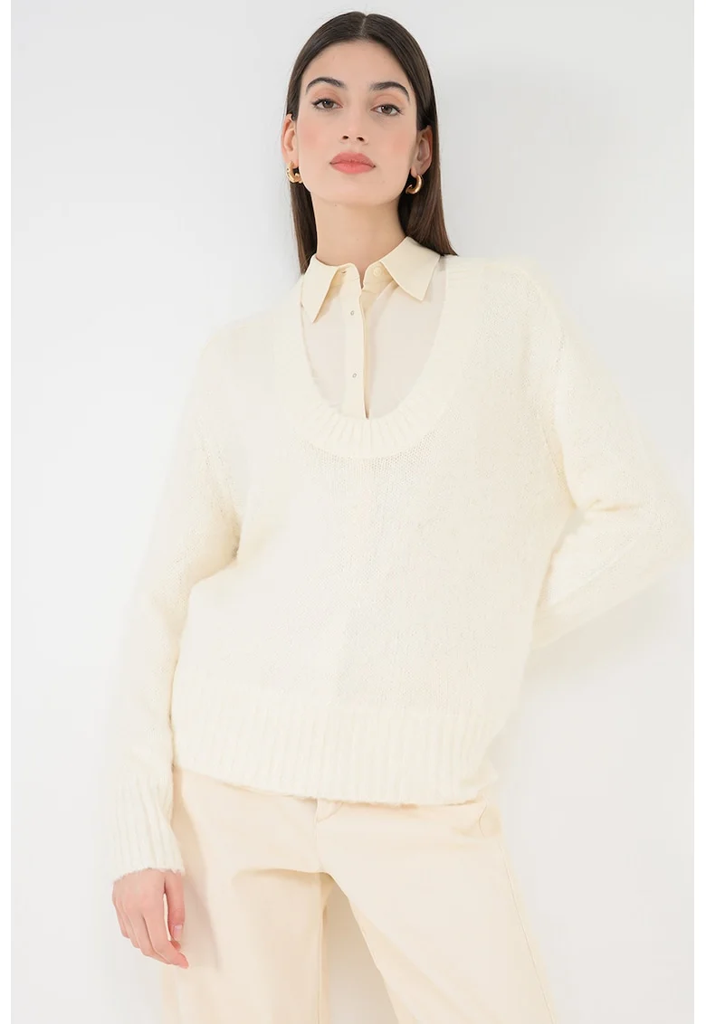 Pulover din amestec de mohair cu decolteu amplu, Alb fildes